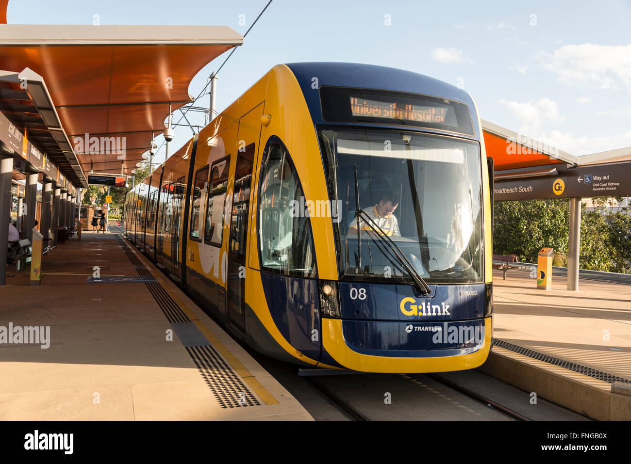 The G-Link ( Gold Coast light rail system) operates the length of Surfers Paradise between Gold Coast University Hospital and Br Stock Photo