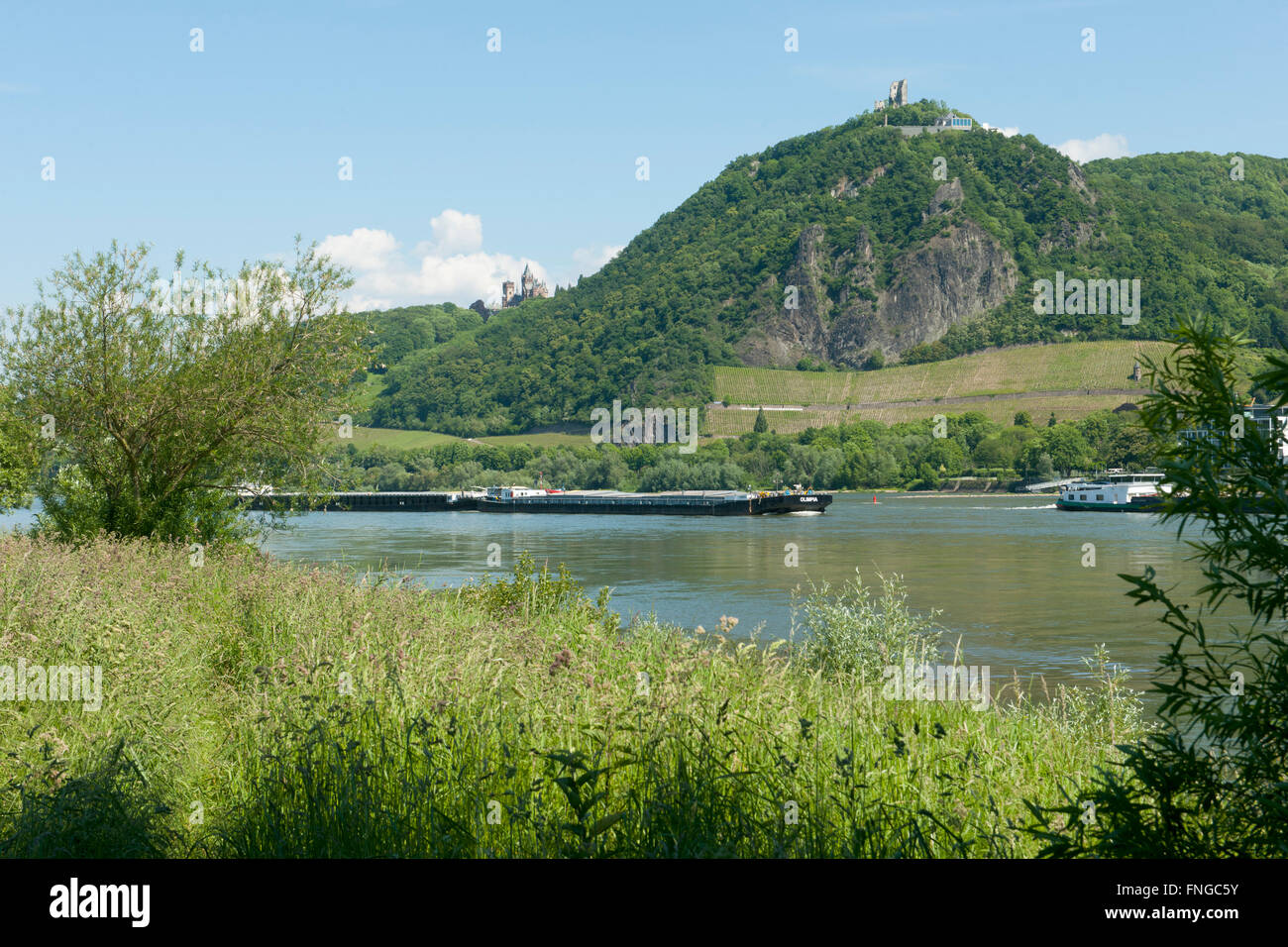 Deutschland, Königswinter, Schloss Drachenburg am Fusse des Drachenfels, Blick vom linken Rheinufer Stock Photo