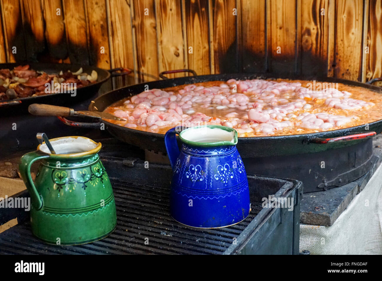 Budapest, Hungary Rooster testicles stew cooking at a food stall in the