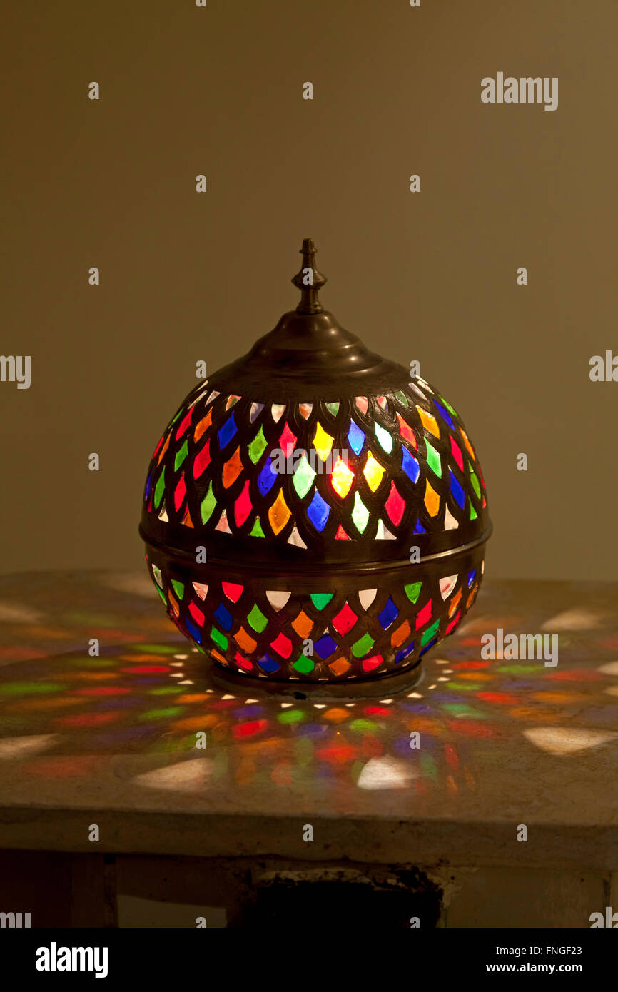 Tradtional colorful Moroccan stained glass lamp,Marrakech,Morocco Stock Photo