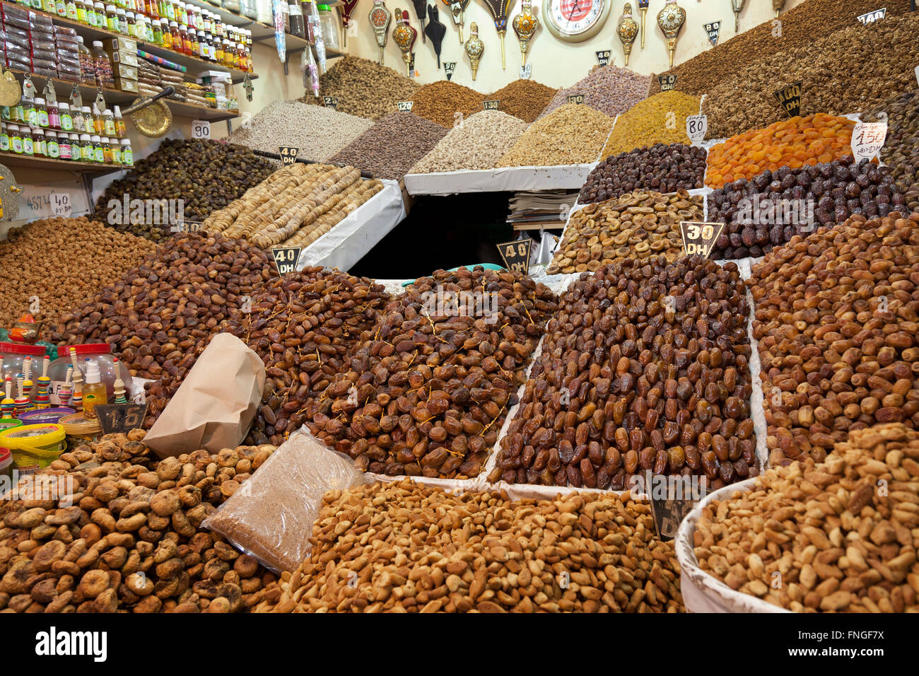 Nuts and dried fruit for sale in the souk of Marrakesh, Morocco Stock Photo