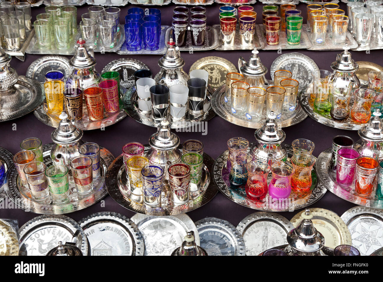 Moroccan glassware and teapots for sale in the souk of Marrakesh