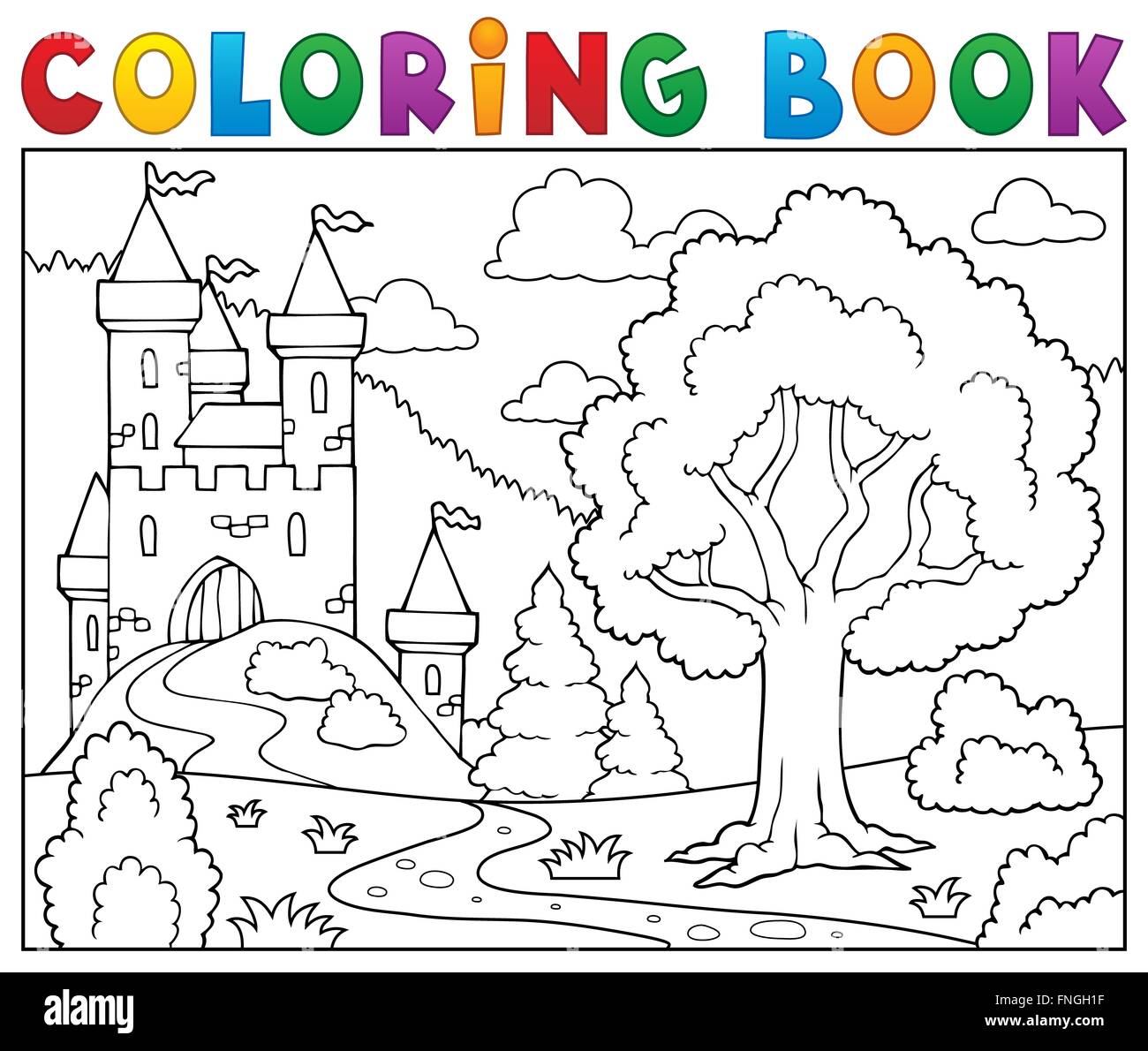 Coloring book castle and tree - picture illustration Stock Photo - Alamy