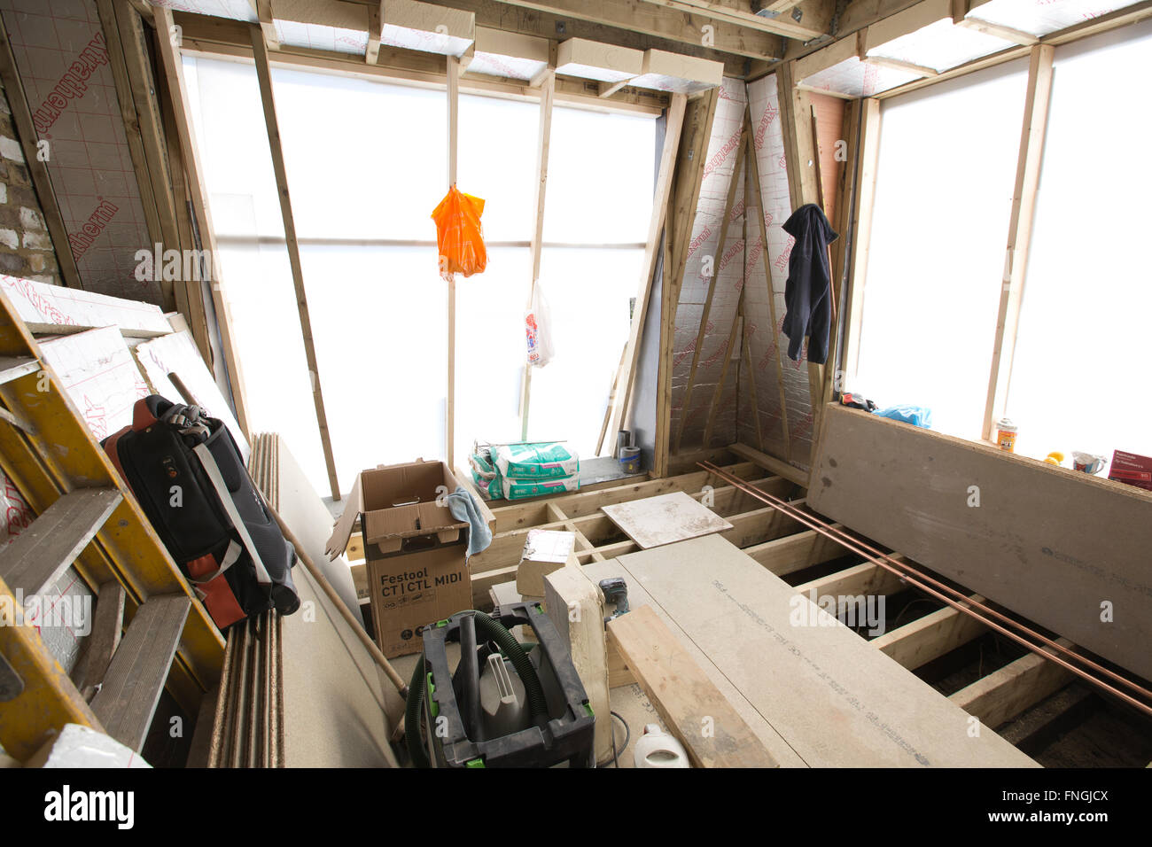 Early stages of a loft conversion in a terraced house, Hammersmith, London, England, United Kingdom Stock Photo