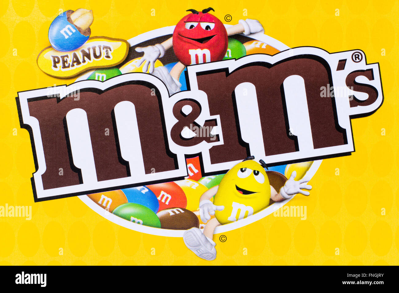 Peanut M&M's logo printed on cardboard. Stock Photo