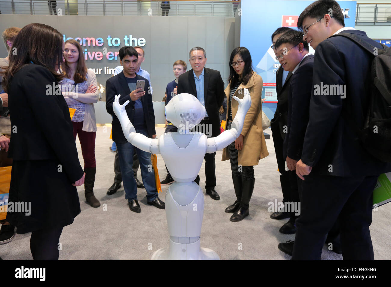 Germany, Hannover, 14.03.2016: CeBIT computer trade fair, booth of IBM Germany. Humanoid robot is programmed to analyze people and their facial expressions and gestures and to respond appropriately to these emotional states. Stock Photo