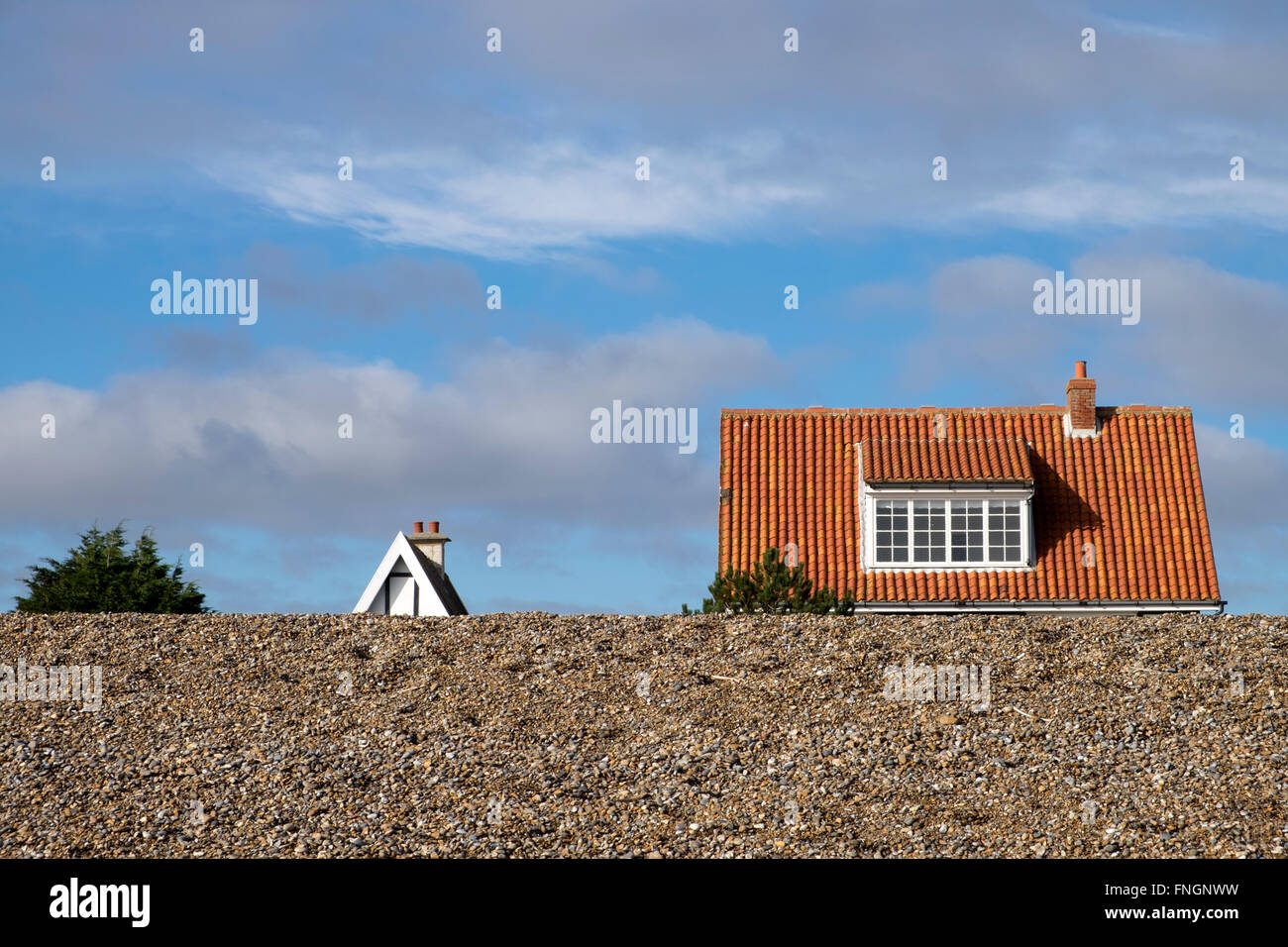 Houses close to the beach, Thorpeness, Suffolk, UK. Stock Photo