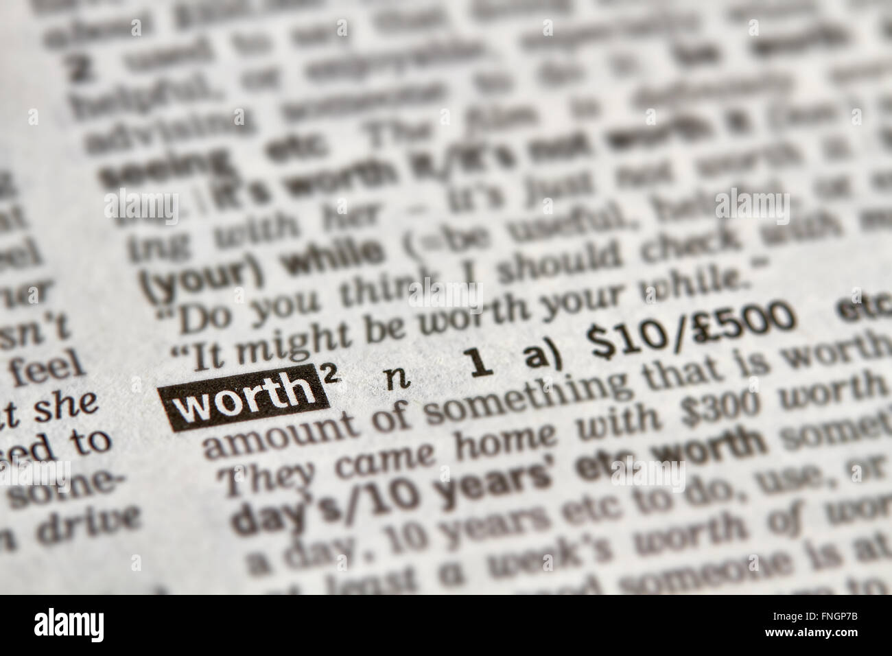 Worth Word Definition Text in Dictionary Page Stock Photo - Alamy