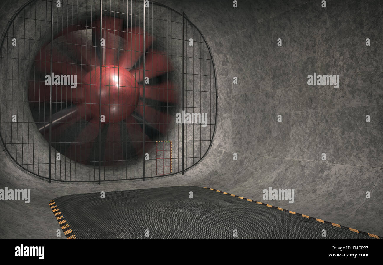 Giant wind tunnel with fan blades spinning. 3D image concept. Stock Photo