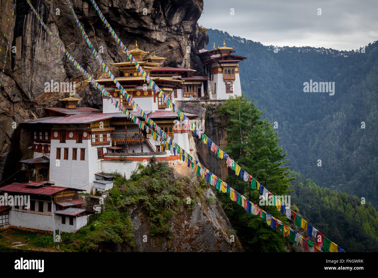 Paro Taktsang, also known as the Tiger's Nest is a sacred Vajrayana Himalayan Buddhist site located in the cliffside of Paro valley in Bhutan. Stock Photo