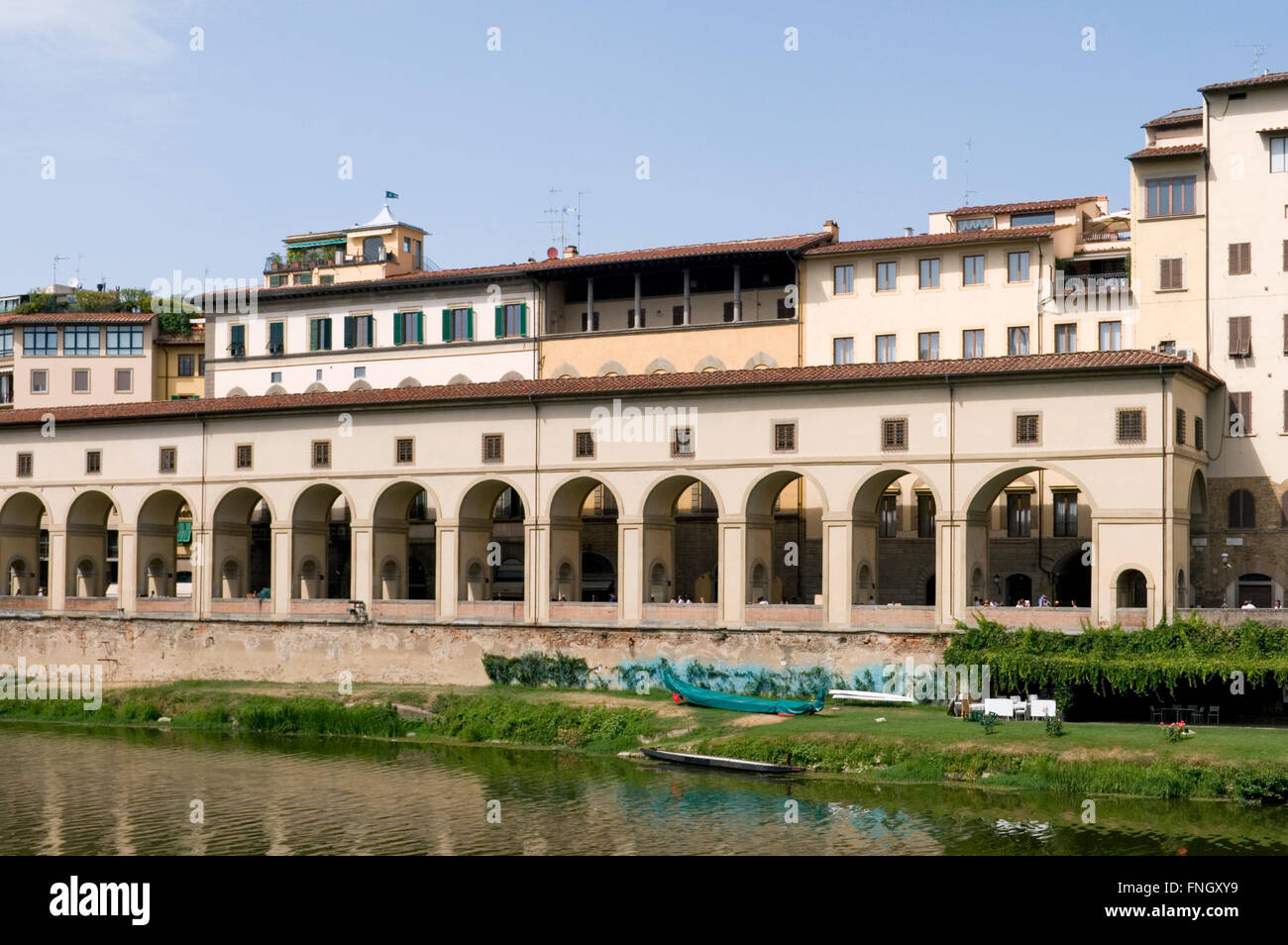 Loggiato and Corridoio Vasariano (Vasari Corridor) Lungarno delgi Archibusieri , along Arno river, Florence, Italy Stock Photo