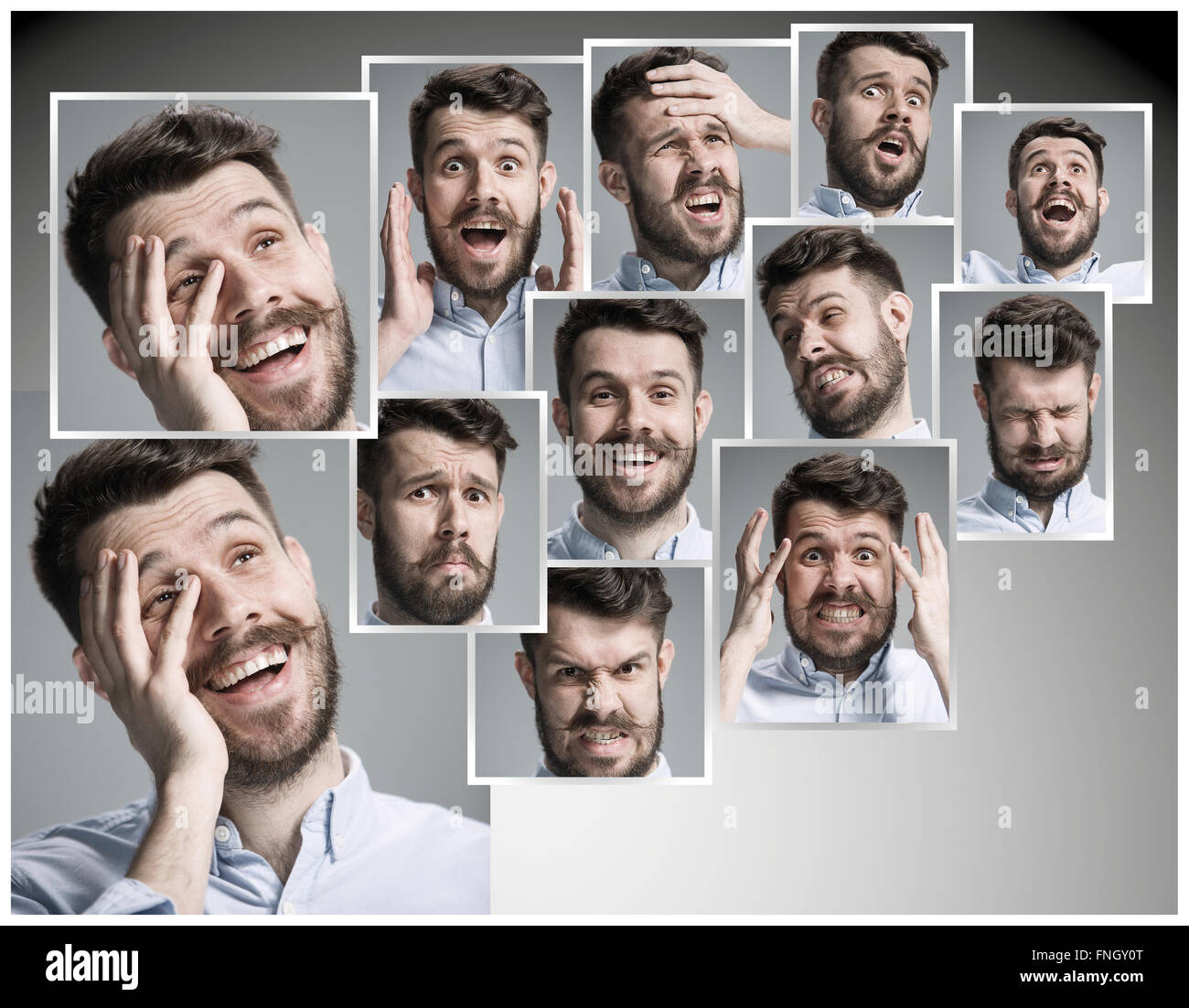 Set of young man's portraits with different emotions Stock Photo