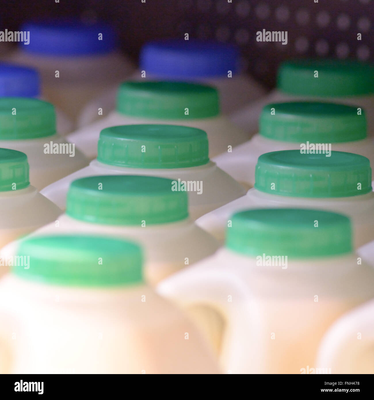 Plastic milk containers in shop with different coloured tops to