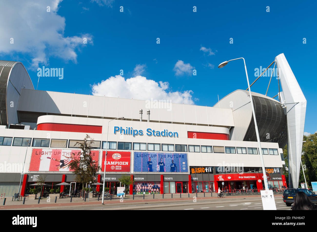EINDHOVEN, NETHERLANDS - AUGUST 26, 2015: Exterior of the Philips football stadium, home to PSV football club, founded on August Stock Photo