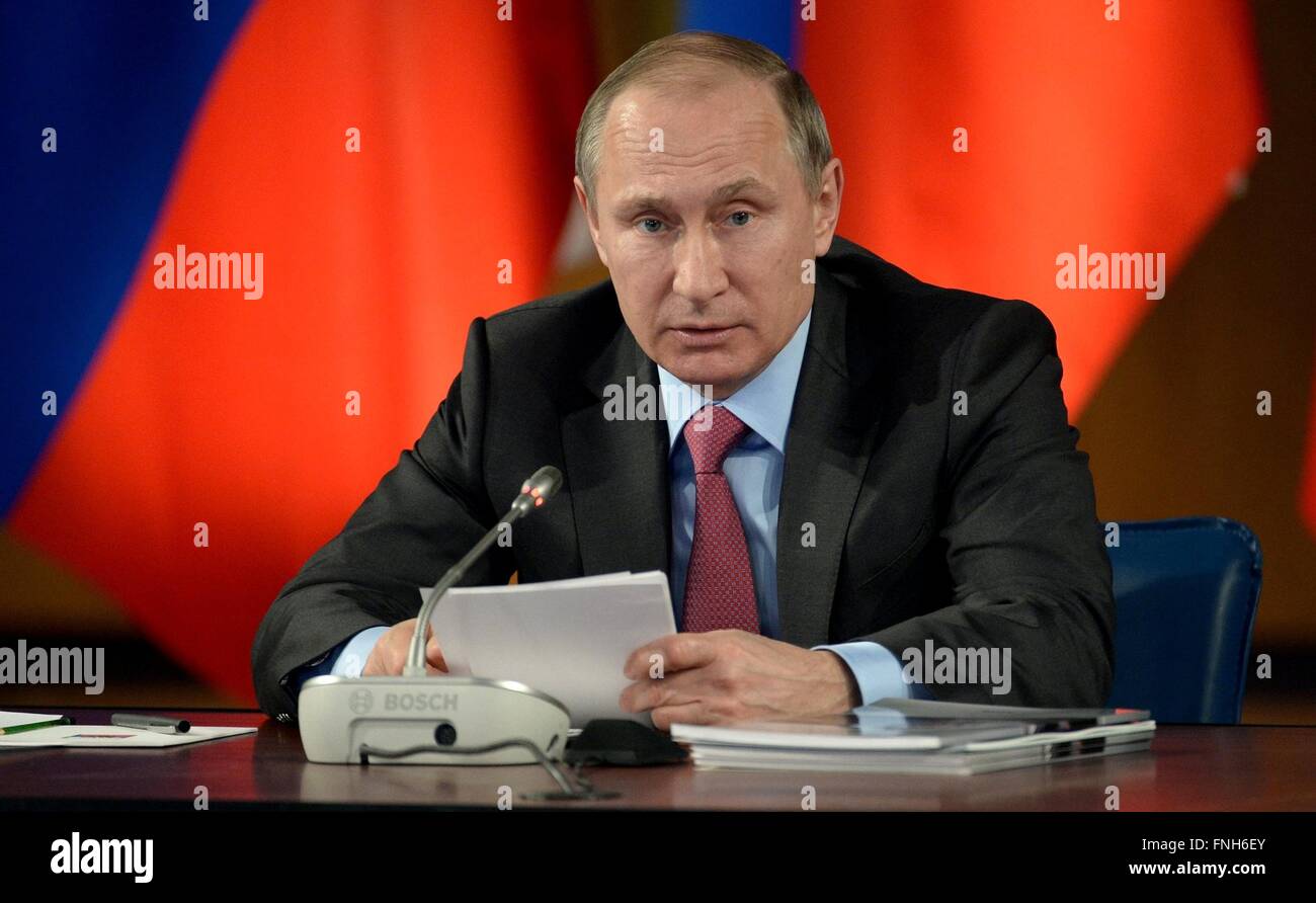 Russian President Vladimir Putin during a meeting of the State Council on traffic safety issues March 14, 2016 in Yaroslavl, Russia. Stock Photo