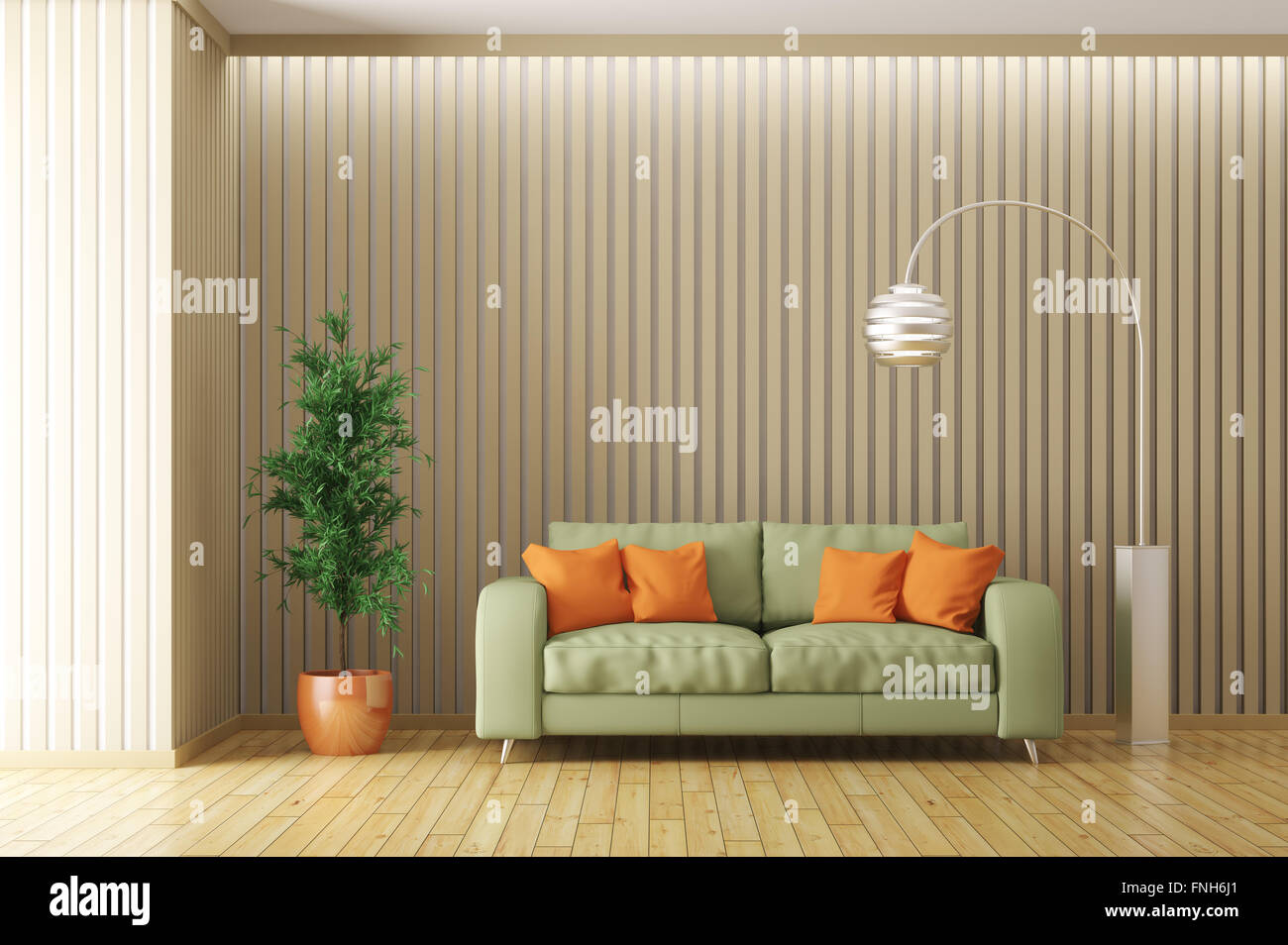 Modern interior of living room with green sofa,orange cushions, floor lamp  and plant 3d render Stock Photo - Alamy