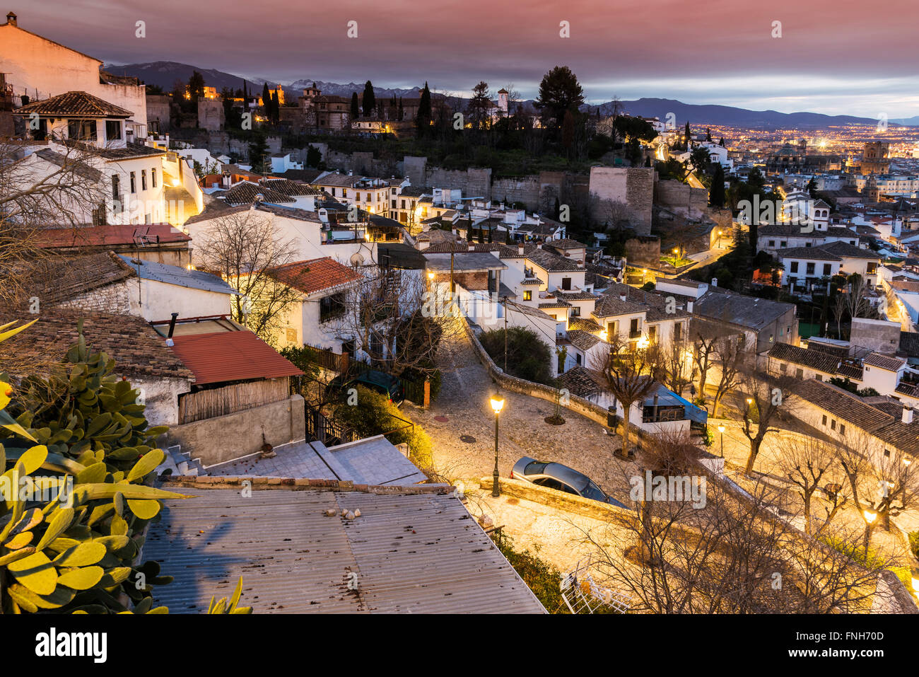 City skyline at dusk, Granada, Andalusia, Spain Stock Photo