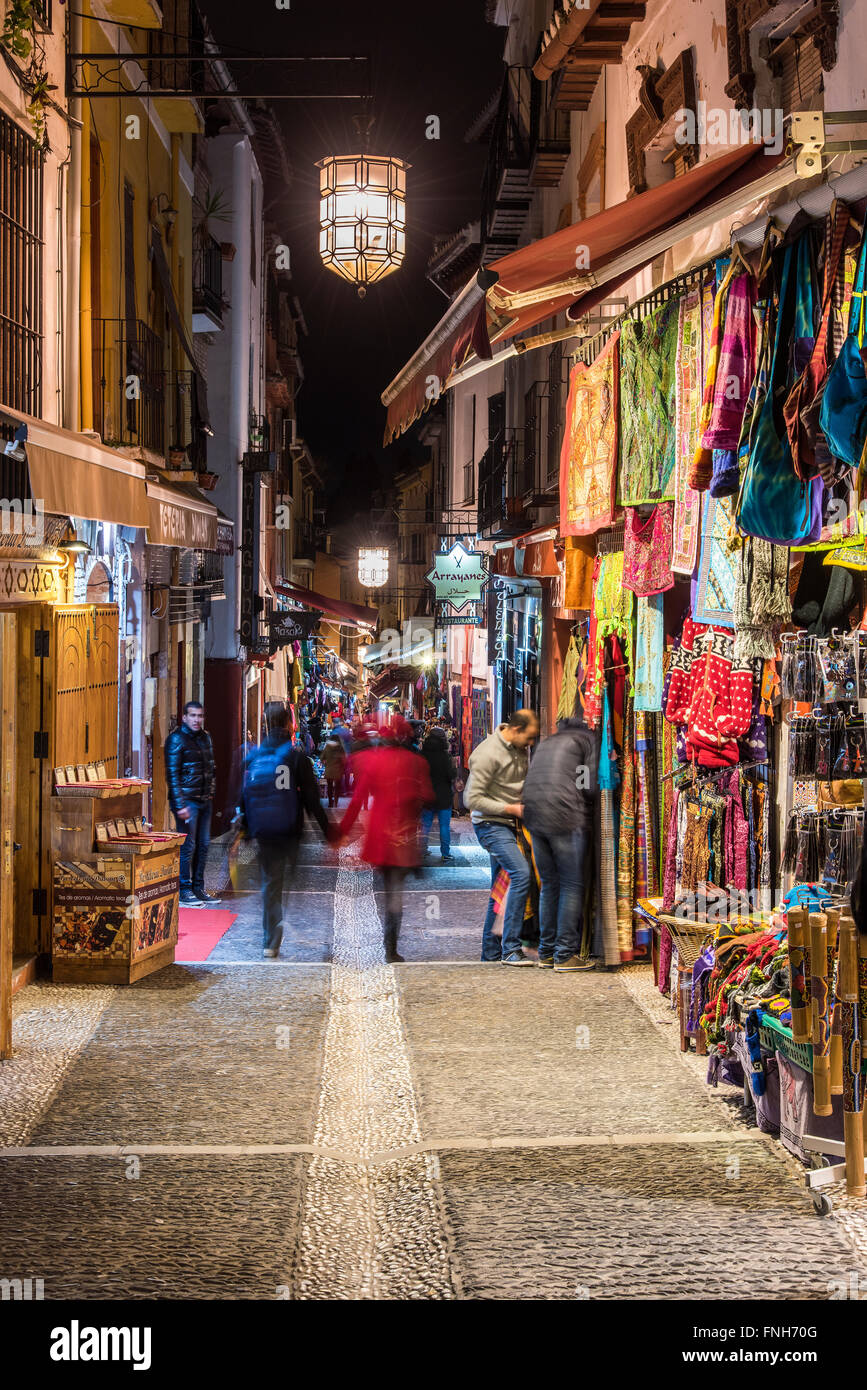 Souvenir shops selling Moroccan handicraft along Calle Caldereria Nueva, Albayzin district, Granada, Andalusia, Spain Stock Photo