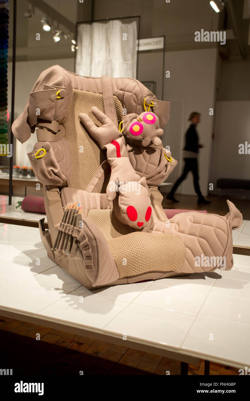 Berlin, Germany. 15th Mar, 2016. A textile child's seat in a cooperation by BMW, Kvadrat and Flos on display at the exhibition 'Textildesign heute - Vom Experiment zur Serie' in the Bauhaus-Archiv of the Museum fuer Gestaltung in Berlin, Germany, 15 March 2016. The exhibition runs until 5 September 2016. PHOTO: JOERG CARSTENSEN/DPA/Alamy Live News Stock Photo