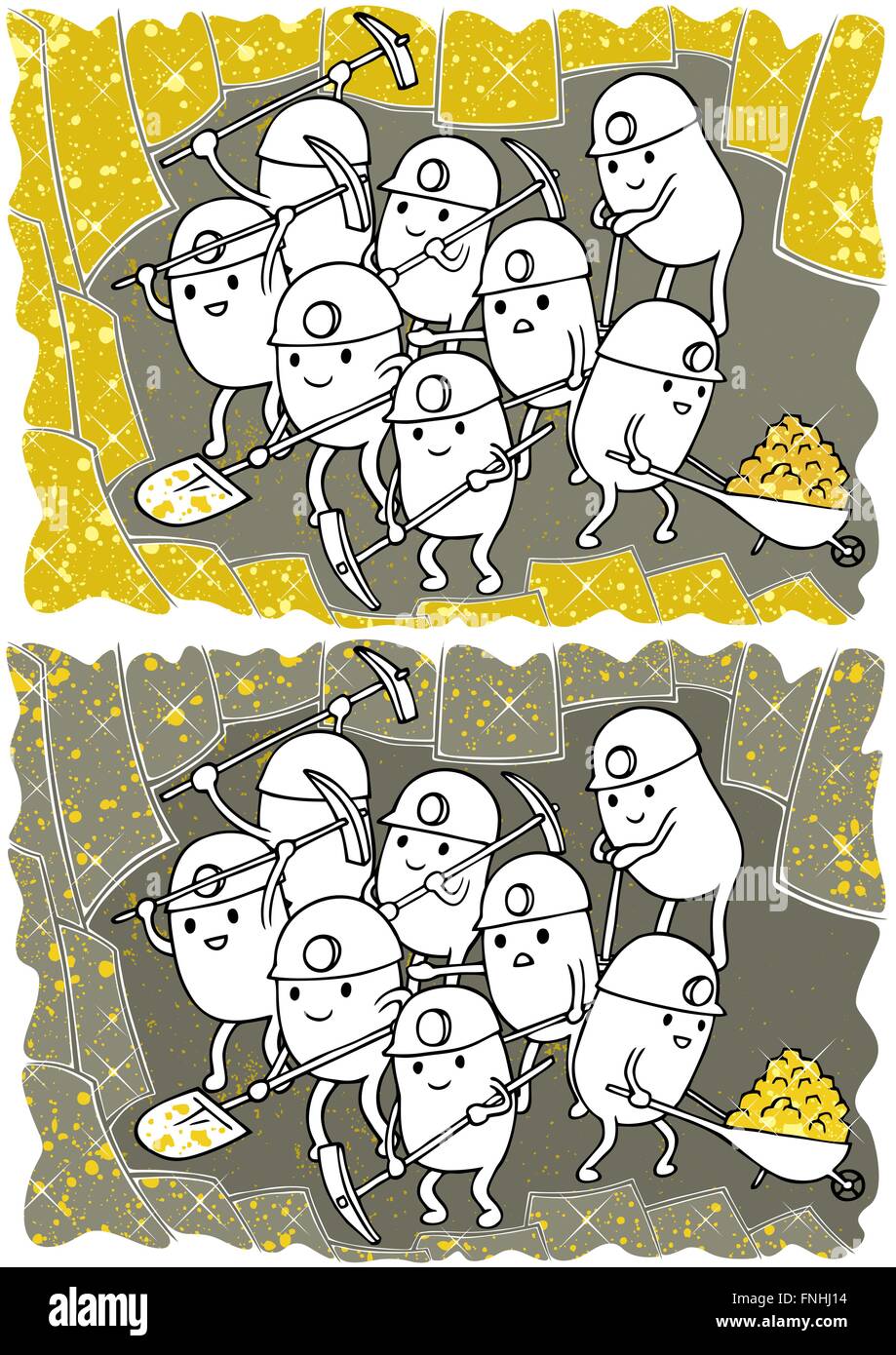 Doodle with fictional gold miners at work in 2 color versions. Stock Vector