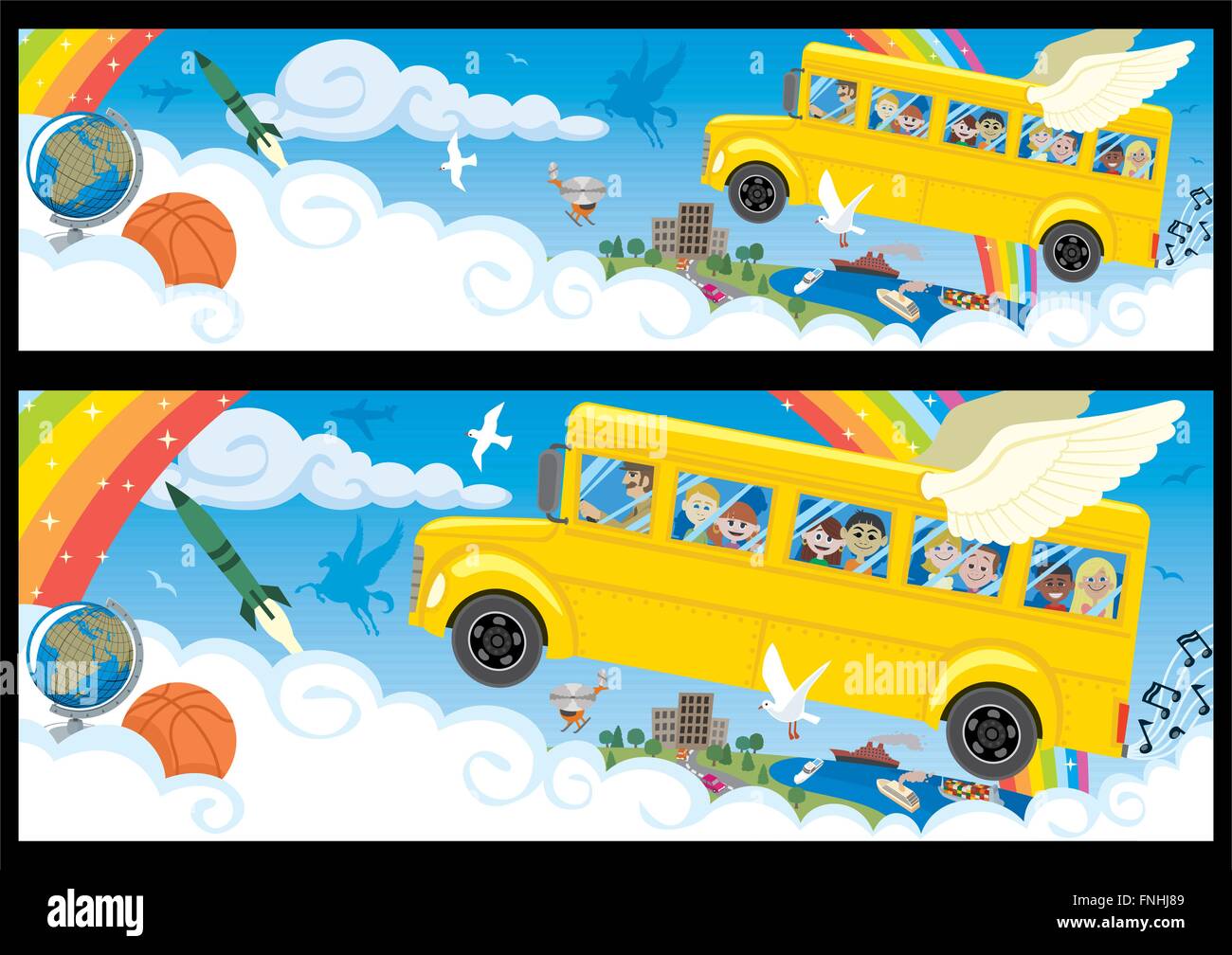 Cartoon banner in two versions differing by proportions.  You can extend the white part of the clouds downwards as much as you can Stock Vector