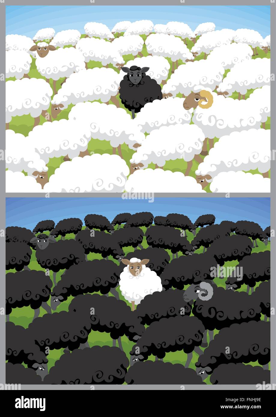 Black sheep in white flock and white sheep in black flock. Stock Vector