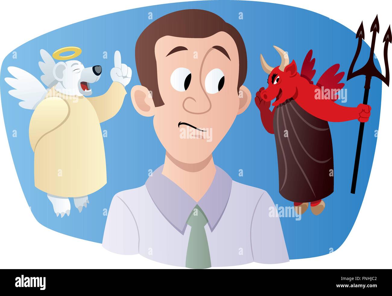 Investor receiving advice from bull looking much like devil. Bear-angel is trying to warn and protect him. Stock Vector