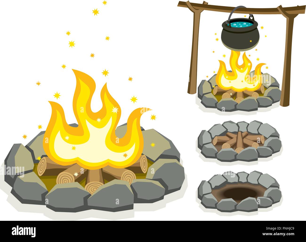 Cartoon illustration of campfire in 4 different situations. Stock Vector