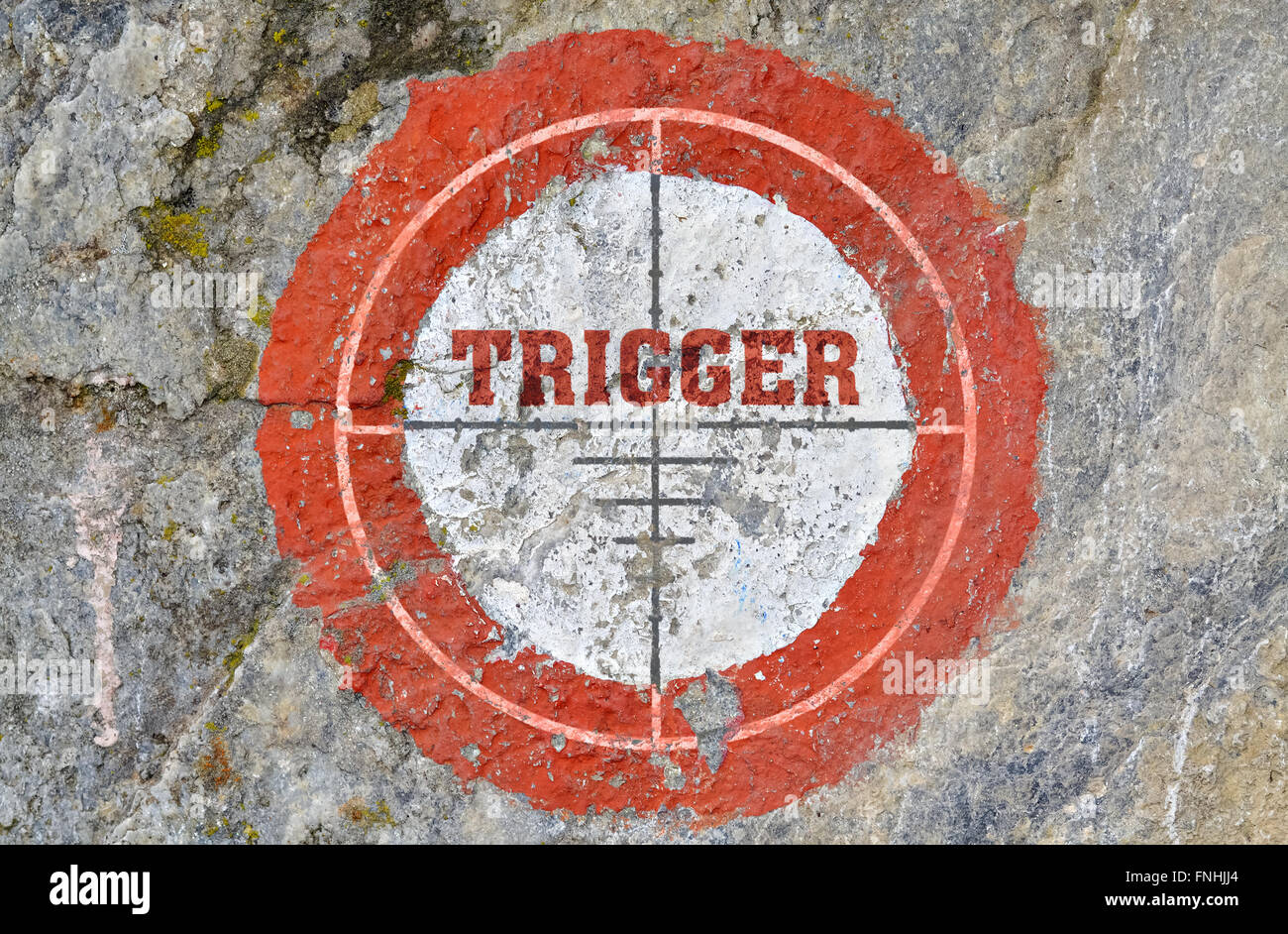 Single word Trigger in the center of a red circle on textured ...