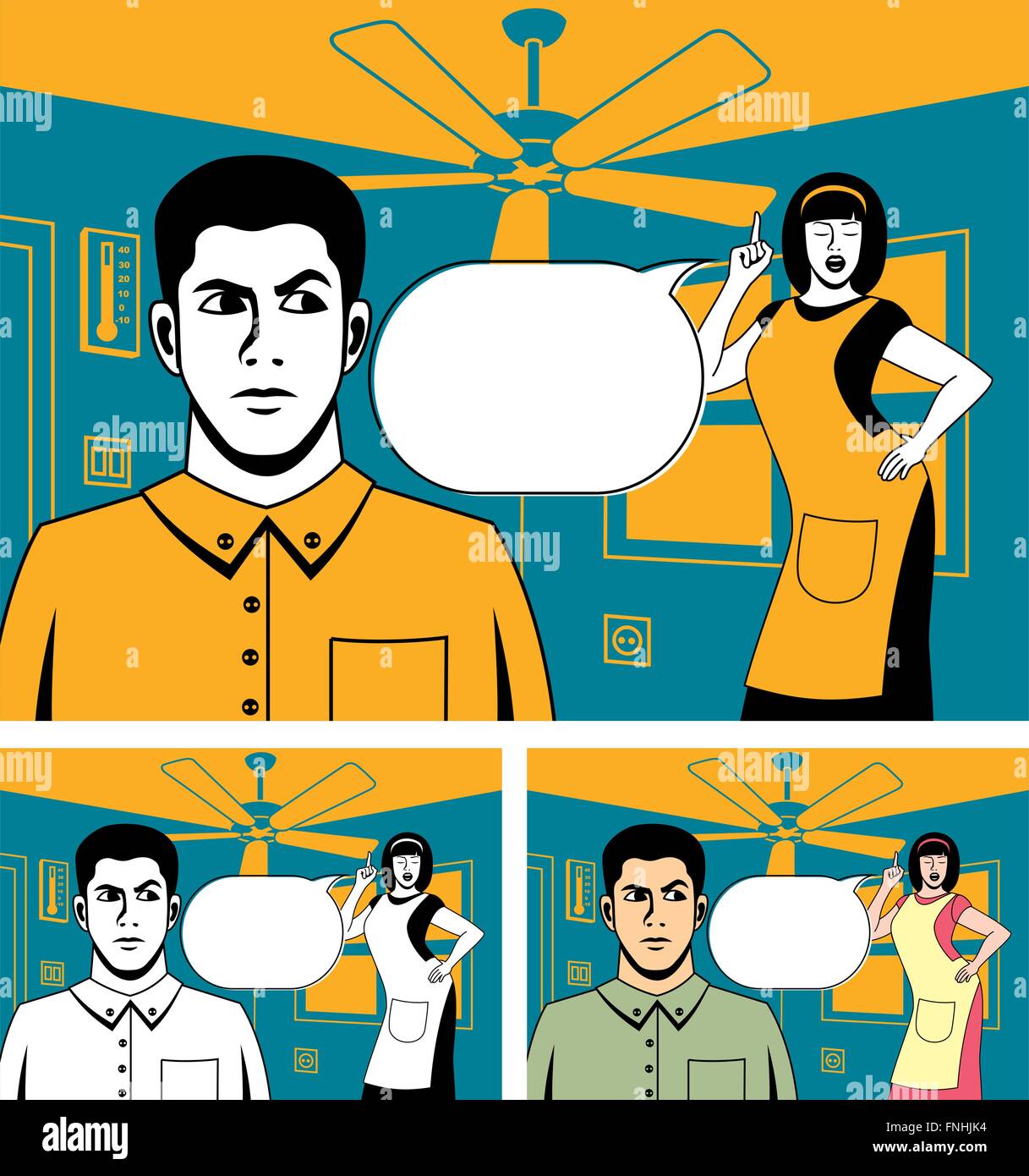 Comic book picture of arguing couple. Below is the same picture, colored in 2 different ways. Stock Vector