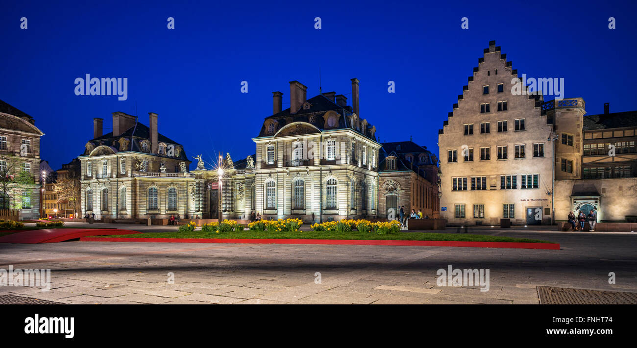 'Palais Rohan' Rohan Palace and 'Oeuvre Notre-Dame' museum at night, Strasbourg, Alsace, France, Europe Stock Photo