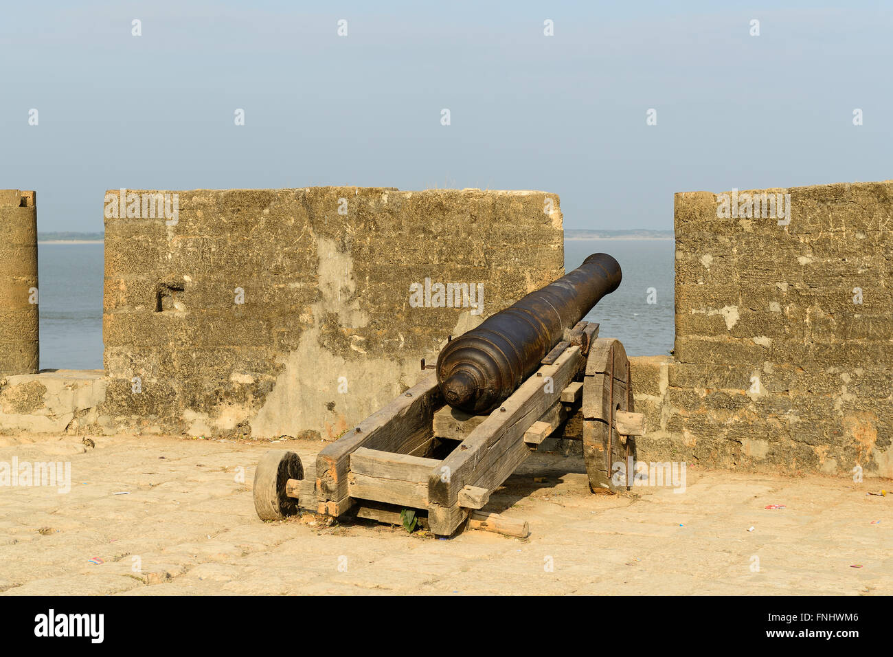 Cannon on walls of the Portuguese fort in the Diu town in Gujarat. India Stock Photo