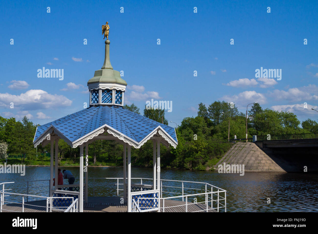 Carved wooden gazebo by the river Stock Photo - Alamy