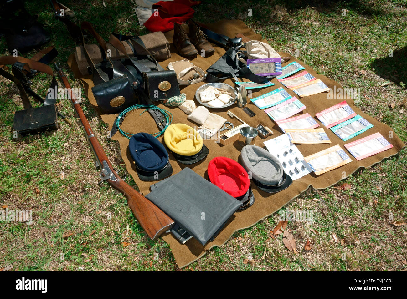 A Confederate soldiers equipment or outfit during the Civil War Stock