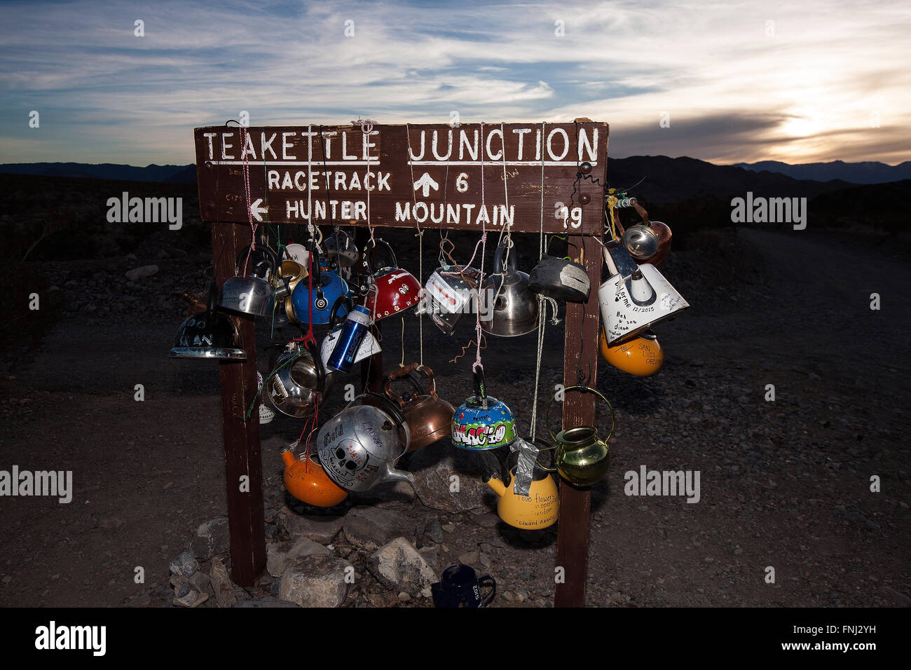 Teakettle Junction sign with teapots, Death Valley National Park, California, United States of