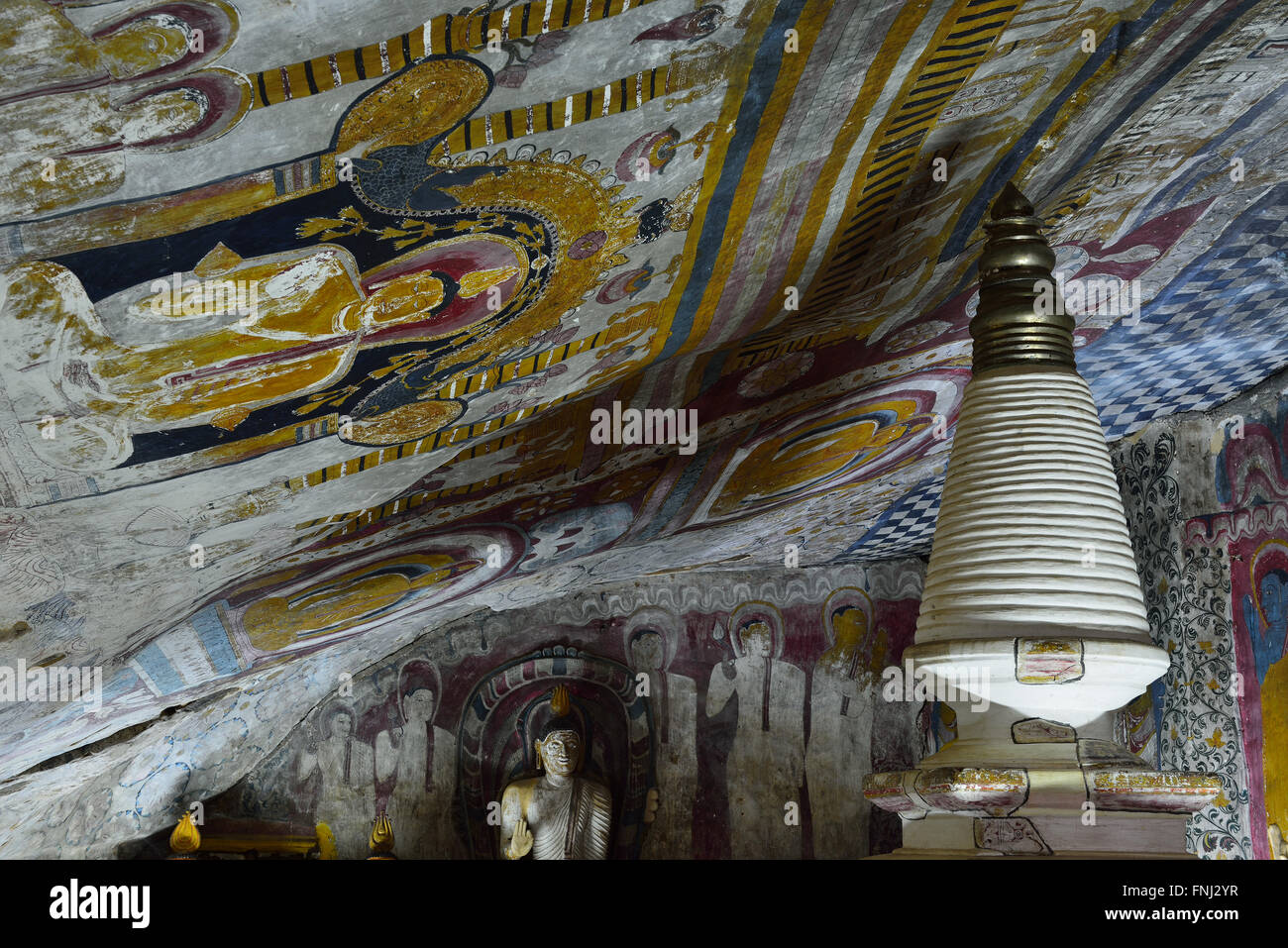 Inside of caves in ancient Buddhist complex in Dambulla cave temple. Sri Lanka. The photograph is presenting the Stupa Stock Photo