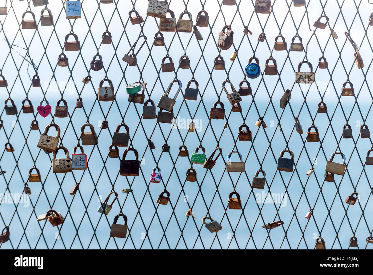 Love-locks on a fence at Boninovo, Dubrovnik, Croatia. Stock Photo