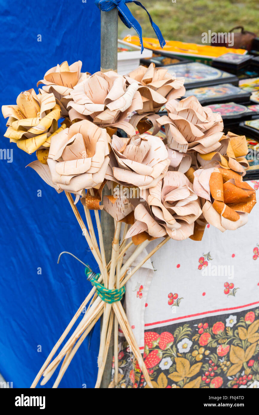 Flowers wooden roses made of birch bark Stock Photo Alamy