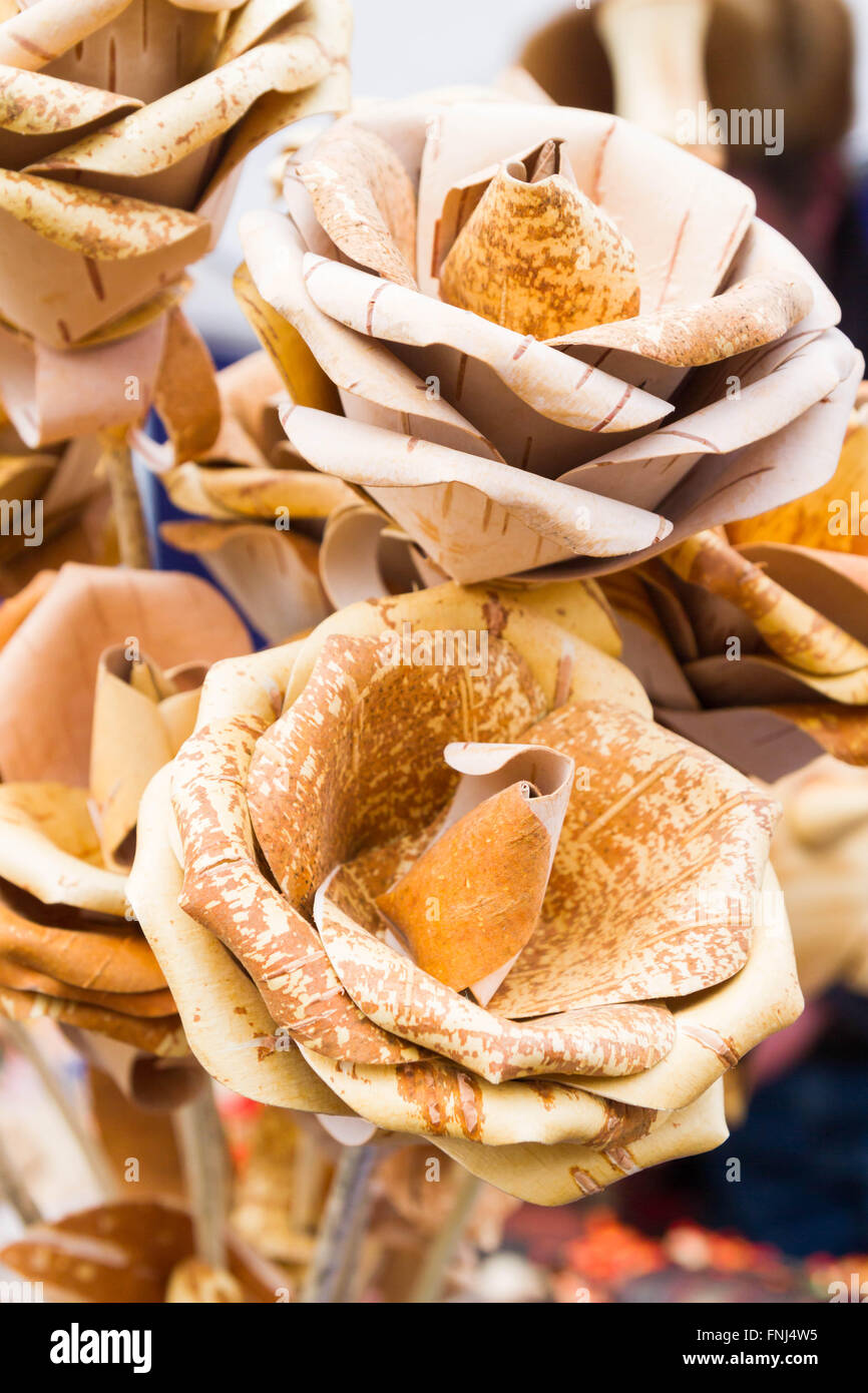 Flowers wooden roses made of birch bark Stock Photo Alamy