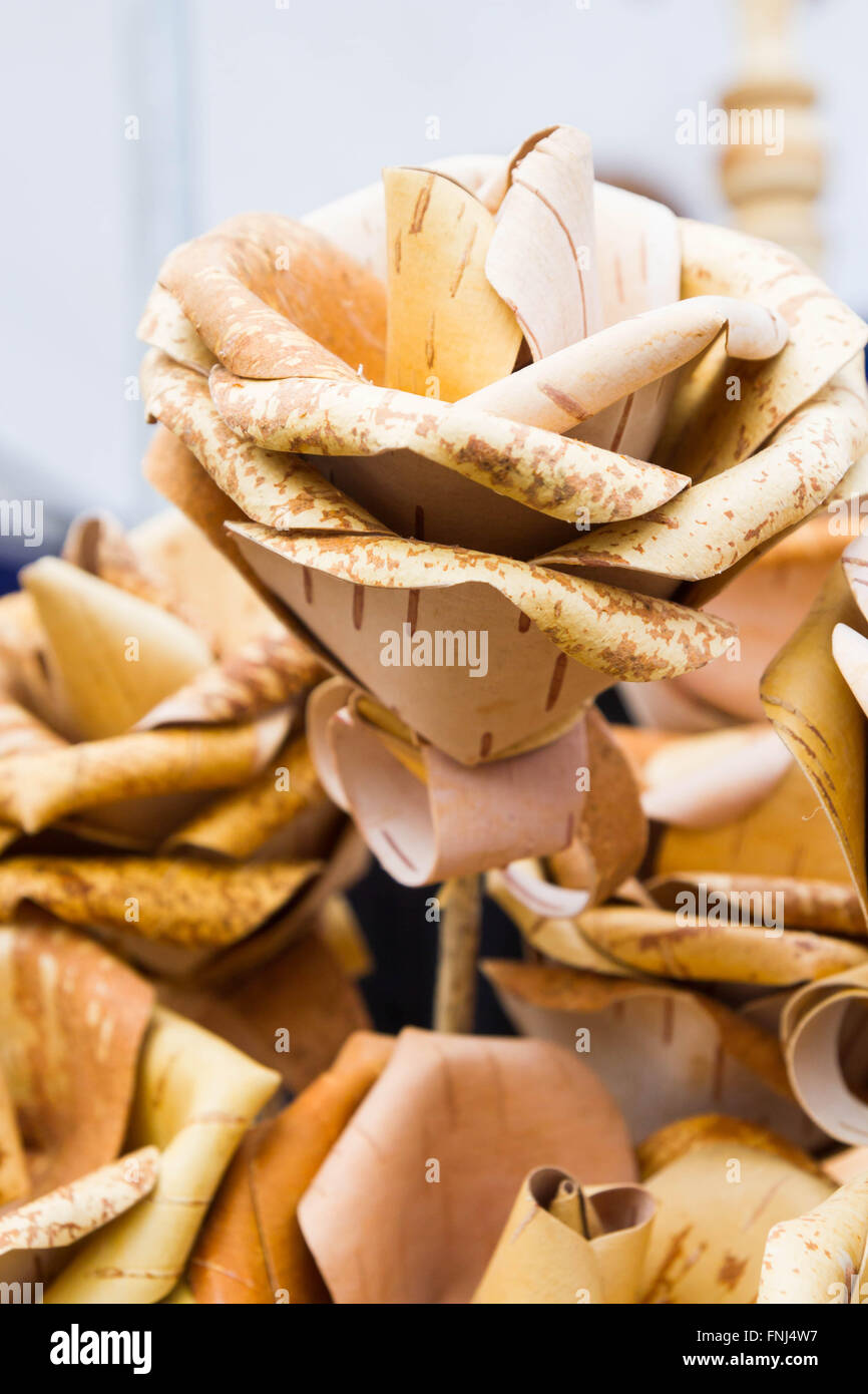 Flowers wooden roses made of birch bark Stock Photo Alamy