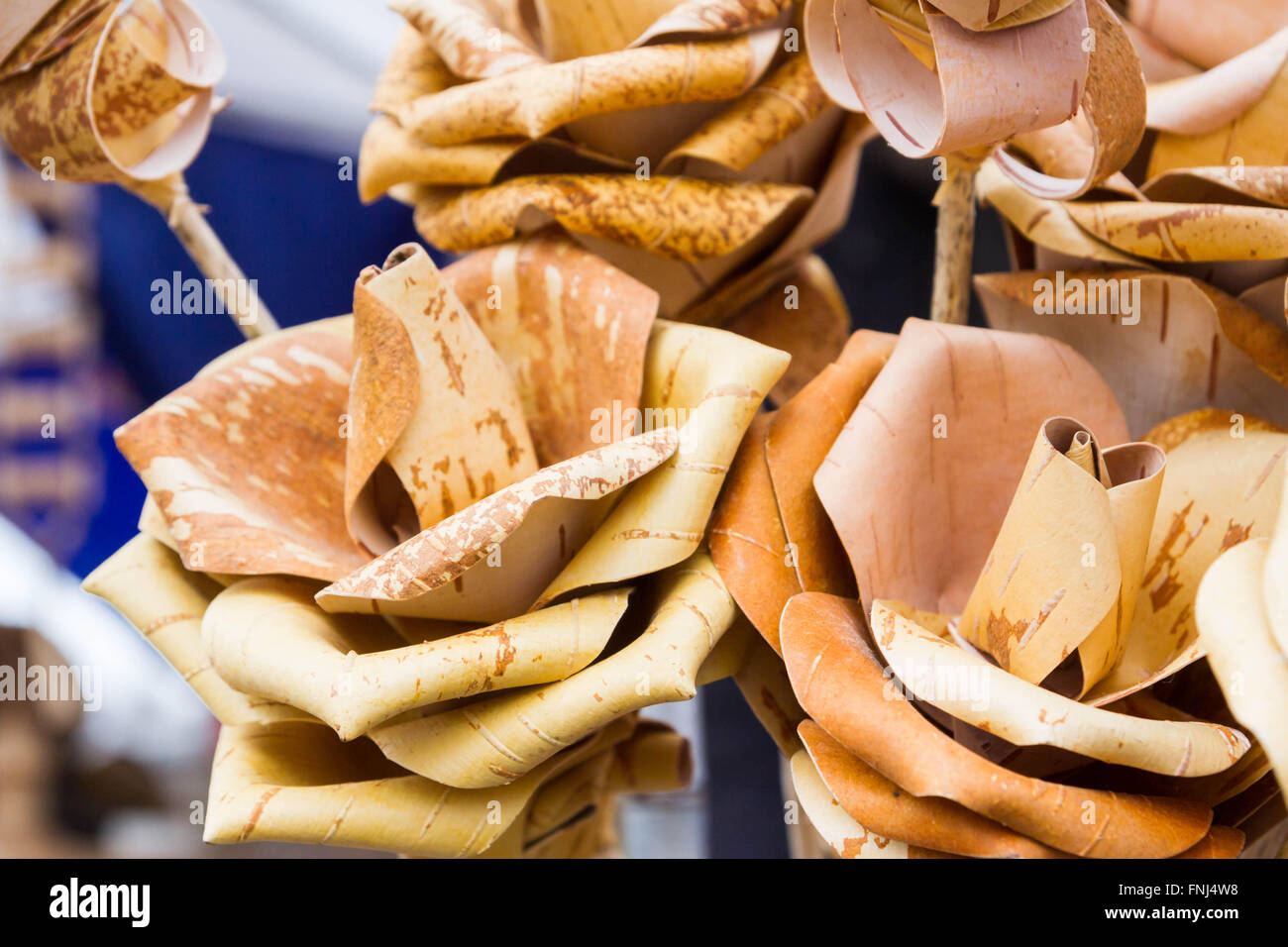 Flowers wooden roses made of birch bark Stock Photo Alamy