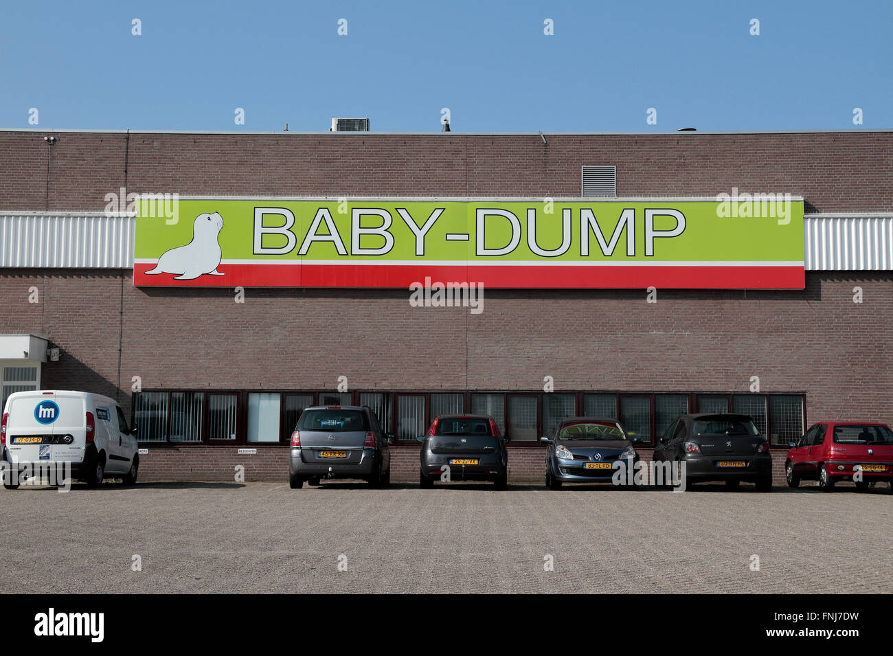 An amusing sounding (in English!) Dutch company called 'Baby Dump', which sells child related furniture and associated goods. Stock Photo
