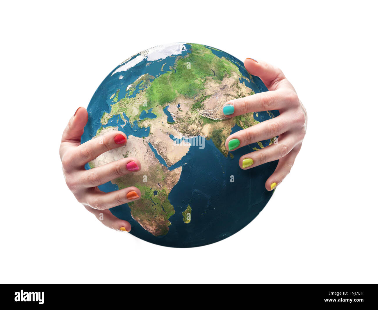 Earth globe being embraced by female hands with fingernails polished in multiple colors. Stock Photo