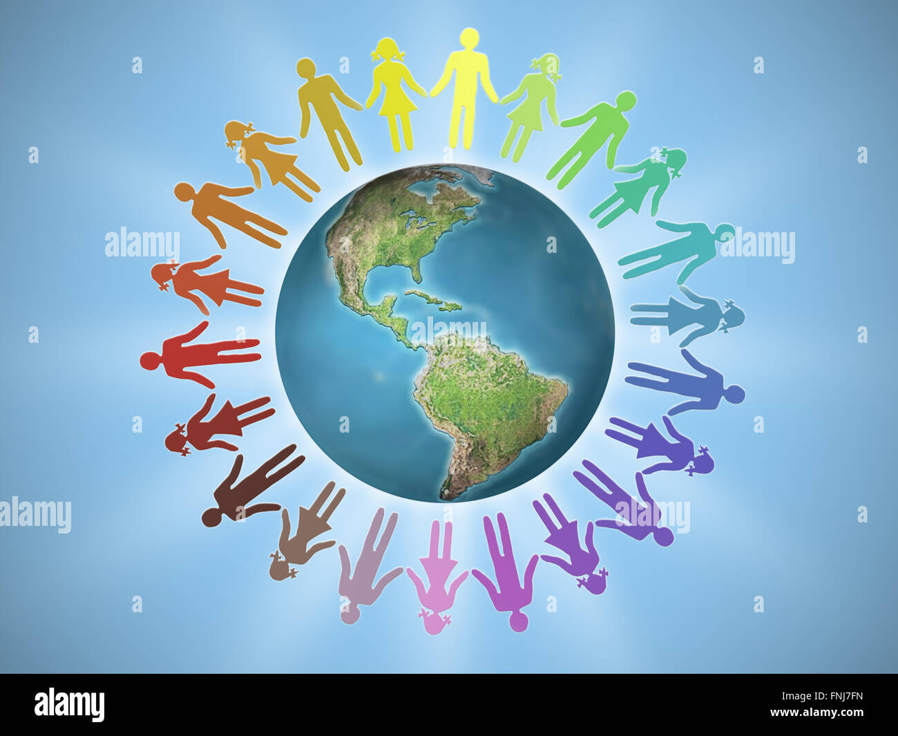 Female and male icons surrounding Earth globe as human unity concept Stock Photo