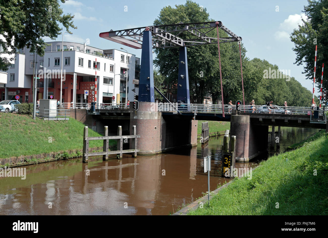 A single road bascule bridge over a canal in Den Bosch, Netherlands. Stock Photo