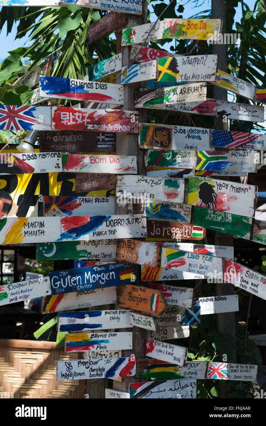 Good morning signs on all languages of the world in langkawi cafe