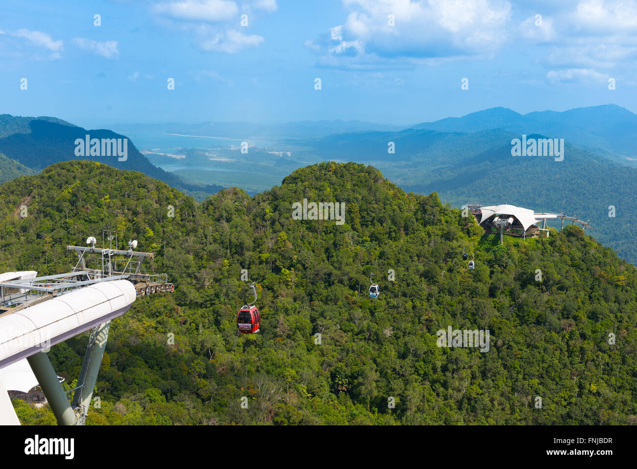 Cable car station, cabs and rope on Langkawi mountain Gunung