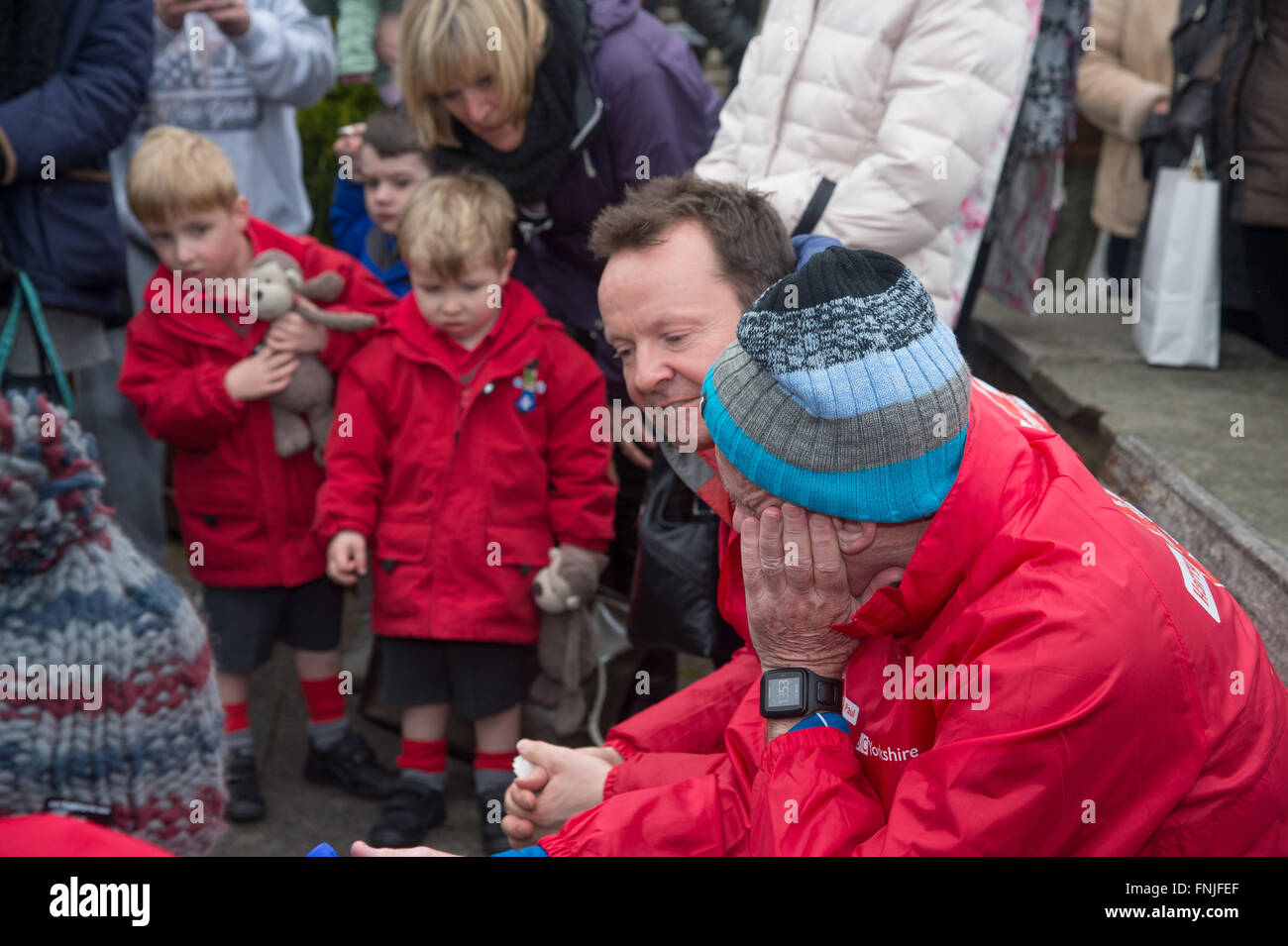 Baildon, West Yorkshire, UK. 15th March, 2016. Look North television presenter Harry Gration and Look North weather man Paul Hudson in Baildon village on day six of their charity three legged walk around Yorkshire for Sport Relief. Credit:  Ian Lamond/Alamy Live News Stock Photo