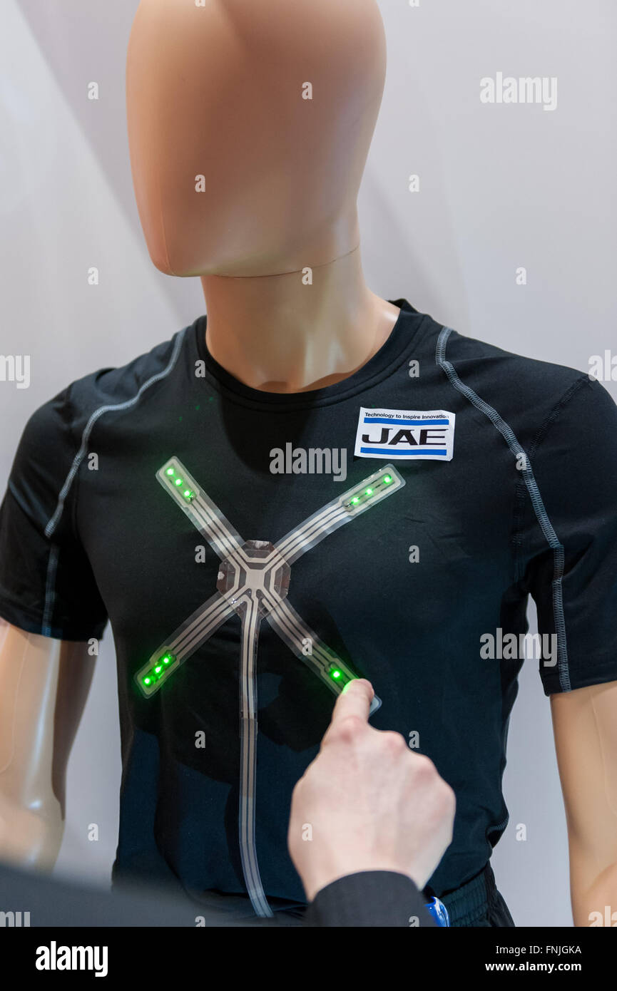 London, UK.  15 March 2016.  A mannequin wears a connected T shirt. Technology fans visit the Wearable Technology Show at the Excel Centre.  The largest dedicated event for connected technology, the show features innovative products from start-ups as well as products from major technology companies and includes the latest in virtual reality and augmented reality devices and software. Credit:  Stephen Chung / Alamy Live News Stock Photo