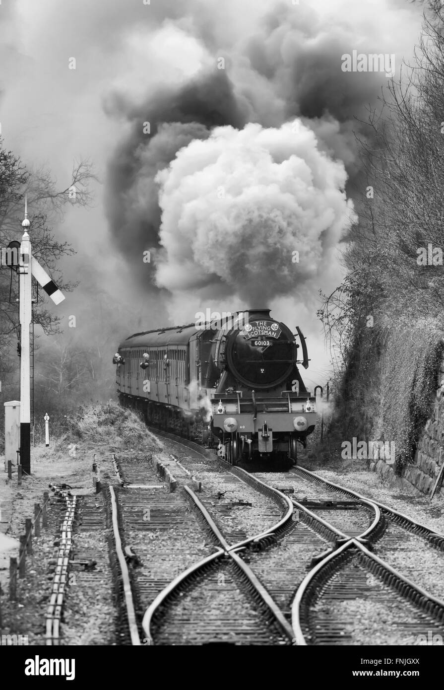 The Flying Scotsman steam locomotive arriving at Goathland station on the North Yorkshire Moors Railway. Stock Photo